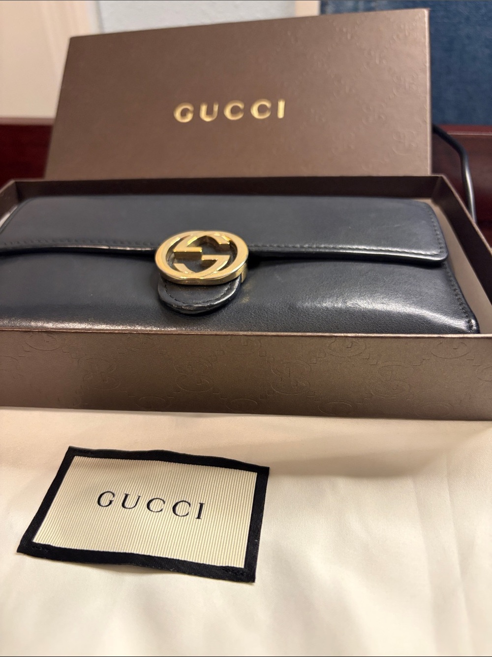 Gucci Black Leather Continental Wallet with Gold Double GG Emblem